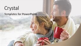  Presentation with airplane wing through airplane window - PPT layouts having time keeping - young couple in winter clothing background and a light gray colored foreground