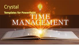  Presentation with educational management - Slide deck with time management inscription coming out from an open book educational concept background and a tawny brown colored foreground