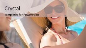  Presentation with women - Audience pleasing theme consisting of time off - close up of two young backdrop and a soft green colored foreground