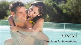  Presentation with swimming pool - Slides consisting of time off - smiling young man carrying cheerful background and a  colored foreground