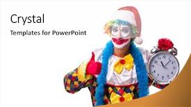  Presentation with comedian - PPT theme consisting of time performance - young funny clown comedian isolated background and a white colored foreground