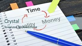  Presentation with time money - Audience pleasing slides consisting of arrows triangles - time quality money scheme word backdrop and a sky blue colored foreground