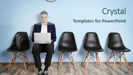  Presentation with job interview - Slides having time recruit - young man in suit sitting background and a sky blue colored foreground