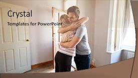  Presentation with new home - Amazing PPT layouts having time renovate - excited young couple hugging backdrop and a soft green colored foreground