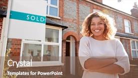  Presentation with portrait of excited overjoyed female - PPT layouts consisting of time renovate - portrait of excited woman standing background and a violet colored foreground