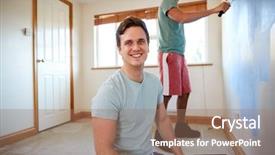  Presentation with new home - Beautiful PPT layouts featuring time renovate - portrait of two men decorating backdrop and a coral colored foreground