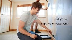  Presentation with new home - PPT layouts having time renovate - two men decorating room background and a  colored foreground