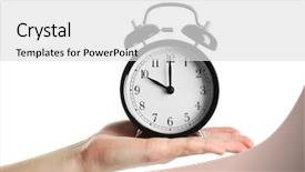  Presentation with alarm - Presentation design having time save time - female hand holding alarm clock background and a light gray colored foreground