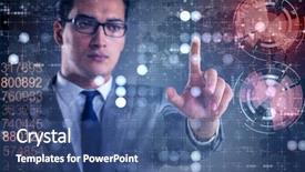  Presentation with virtual event - Presentation theme having time select - businessman pressing virtual buttons background and a ocean colored foreground