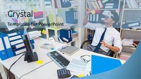  Presentation with virtual reality - PPT theme enhanced with time select - employee watching movie on vr background and a  colored foreground