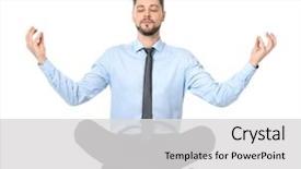  Presentation with white cells - Audience pleasing presentation design consisting of time select - young businessman meditating on white backdrop and a light gray colored foreground