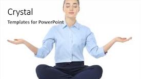  Presentation with white pom pom pom pom - Colorful slide deck enhanced with time select - young businesswoman meditating on white backdrop and a white colored foreground