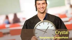  Presentation with clock - Cool new PPT theme with time student - graduate man holding a wall backdrop and a  colored foreground
