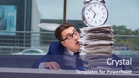  Presentation with paper news print pile newspapers - PPT theme with time taken - businessman with pile stack background and a ocean colored foreground