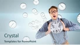  Presentation with clock - Presentation theme having time taken - surprised business man holding background and a sky blue colored foreground