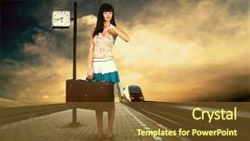  Presentation with train railway - Slides having time travel - girl waiting train background and a tawny brown colored foreground