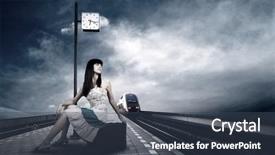  Presentation with train railway - Theme having time travel - girl waiting train background and a ocean colored foreground