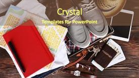  Presentation with suitcase - Colorful slide deck enhanced with time travel - packed suitcase of vacation items backdrop and a tawny brown colored foreground