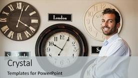  Presentation with wall - PPT theme having time zone - happy businessman standing beside wall background and a light gray colored foreground