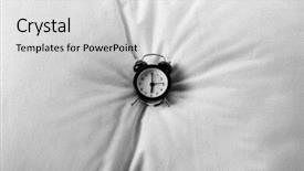  Presentation with white pills spilled from pills - Presentation theme having timekeeeping - alarm clock on pillow isolated background and a light gray colored foreground