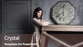  Presentation with vintage clock - Presentation design enhanced with timekeeeping - young and graceful woman posing background and a  colored foreground