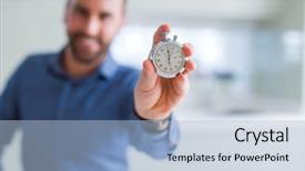  Presentation with showing world map for shipping - Audience pleasing presentation theme consisting of timeless - handsome man showing stopwatch backdrop and a light blue colored foreground