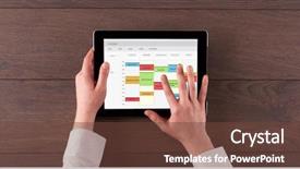  Presentation with timeline - Colorful slides enhanced with timeline dates times - hand holding tablet with timetable backdrop and a tawny brown colored foreground