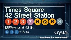  Presentation with times square - Colorful PPT theme enhanced with times-square-subway-station-entrance backdrop and a ocean colored foreground