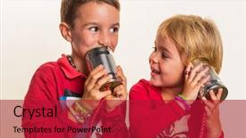  Presentation with children talking - Slide deck with two small children are talking to an telephone of two doses background and a crimson colored foreground