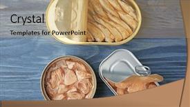  Presentation with fish processing - Amazing slides having tin cans with different fish backdrop and a coral colored foreground