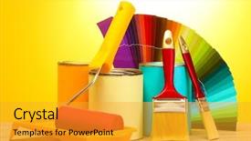  Presentation with paint roller - Audience pleasing slides consisting of tin cans with paint roller brushes and bright palette of colors on wooden table on yellow background backdrop and a gold colored foreground