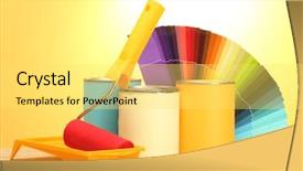  Presentation with paint roller - Slide set consisting of tin cans with paint roller brushes and bright palette of colors on wooden table on yellow background background and a yellow colored foreground