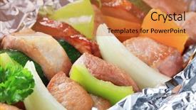 Presentation with beef pork chicken turey - Audience pleasing theme consisting of tin foil - pork shish kebabs backdrop and a  colored foreground