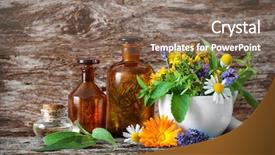  Presentation with mortar - Slide set consisting of tincture bottles and healing herbs background and a violet colored foreground