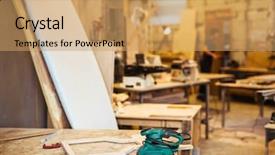  Presentation with workshop tools - PPT layouts enhanced with tinder - background image of woodworking shop background and a coral colored foreground