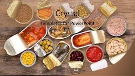  Presentation with canned food - Slide deck enhanced with tinned fish - canned food on wooden background background and a coral colored foreground