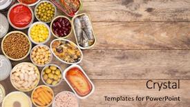  Presentation with canned fish - Beautiful slide deck featuring tinned fish - canned food on wooden background backdrop and a coral colored foreground