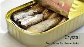  Presentation with sardines - Amazing slide deck having tinned fish - closeup of an open can backdrop and a mint green colored foreground