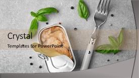  Presentation with liver - Theme consisting of tinned fish - open tin container with cod background and a coral colored foreground