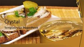  Presentation with wooden - Slide deck with tinned fish - tasty sandwiches with sprats background and a gold colored foreground