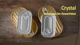  Presentation with wooden - Amazing PPT theme having tinned fish - tin cans on wooden background backdrop and a tawny brown colored foreground