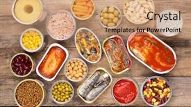  Presentation with canned food - PPT layouts having tins - canned food on wooden background background and a coral colored foreground