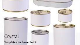  Presentation with labels - Audience pleasing presentation theme consisting of food packaging cans - tins with blank labels isolated backdrop and a lemonade colored foreground