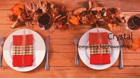  Presentation with christmas winter a table - Presentation theme having tinsel - 2 seats on wood table background and a  colored foreground