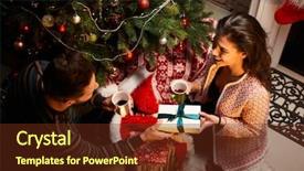  Presentation with young happy couple - Slides having tinsel - happy young couple giving present background and a tawny brown colored foreground