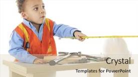  Presentation with tape measure - Presentation theme consisting of tiny biracial construction worker clutching a tape measure while standing behind a workbench of tools on a white background background and a lemonade colored foreground