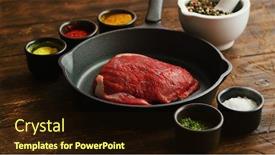  Presentation with lumber - PPT layouts with tiny bowls with aromatic spices standing near frying pan with piece of fresh raw meat on scratched lumber tabletop background and a wine colored foreground