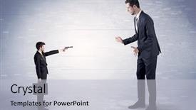  Presentation with shooting gun - Theme featuring tiny businessman with gun shooting background and a light gray colored foreground
