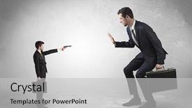  Presentation with shooting gun - PPT layouts enhanced with tiny businessman with gun shooting background and a light gray colored foreground