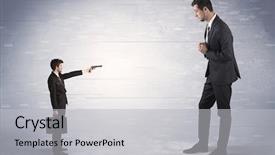  Presentation with shooting gun - Audience pleasing PPT layouts consisting of tiny businessman with gun shooting backdrop and a light gray colored foreground